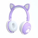 Wholesale Cat Ear and Paw LED Bluetooth Headphone Headset with Built in Mic, Luminous Light, Foldable, 3.5mm Aux In for Adults Children Home School (Light Purple)